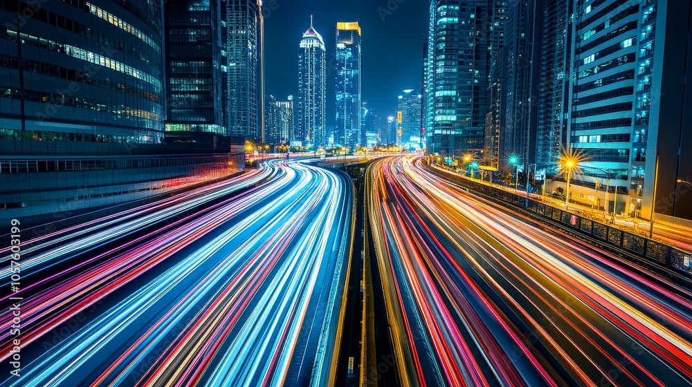 A vibrant cityscape at night, showcasing light trails from moving vehicles on a busy highway. A vibrant cityscape at night, showcasing light trails from moving vehicles on a busy highway.