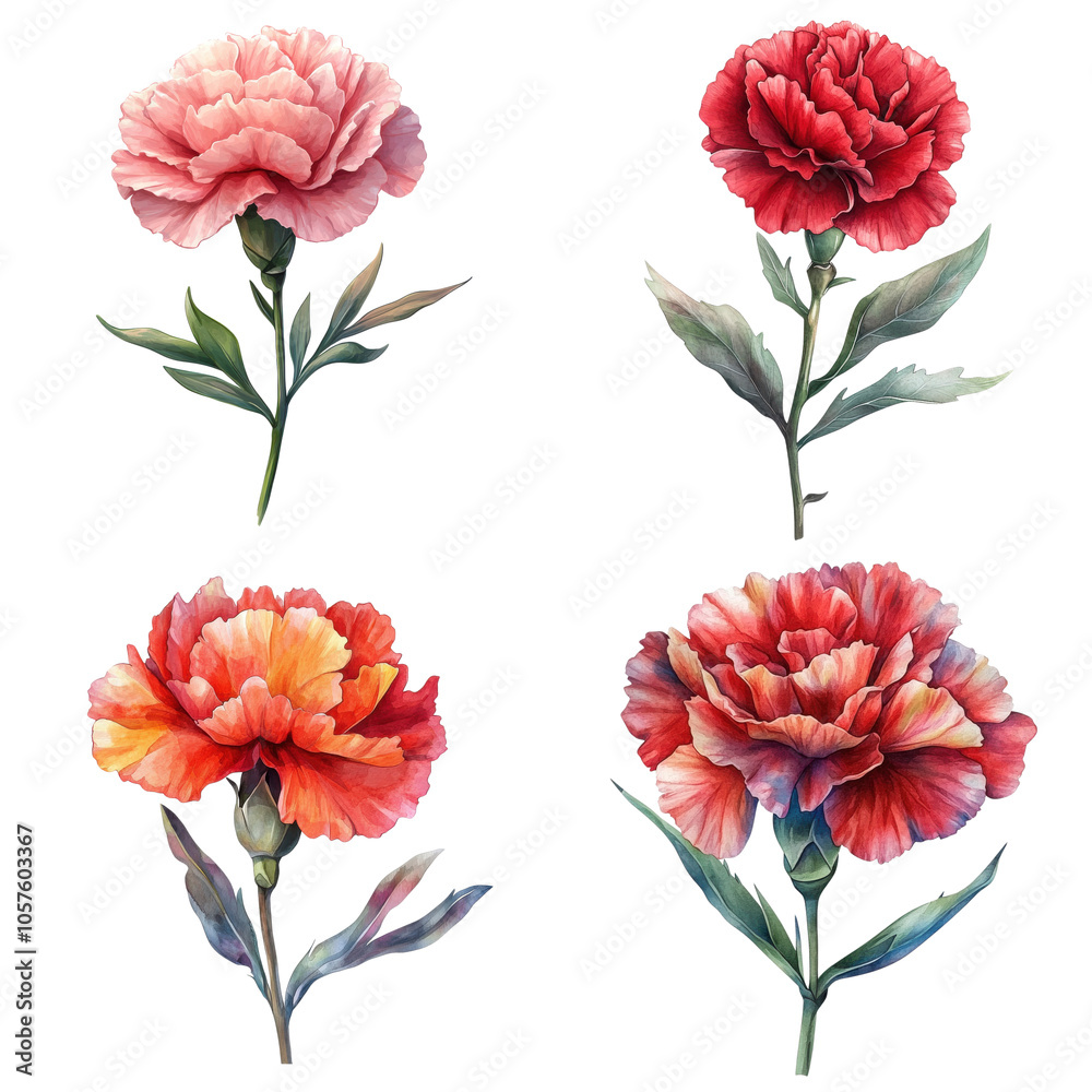 Beautiful carnation flowers in various colors and styles, showcasing their elegance, watercolor style