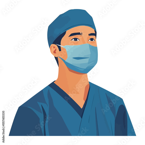 a doctor wearing a surgical face mask and blue scrubs