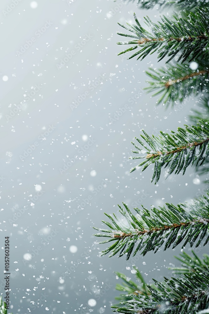 Close-up of green pine tree branches with snow falling. Wintery background, banner, poster, wallpaper. Close-up of green pine tree branches with snow falling. Wintery background, banner, poster, wallpaper.