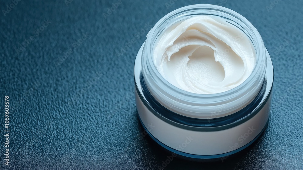 Close-up of a white cream in an open cosmetic jar on a textured dark surface, illustrating skincare or beauty product Close-up of a white cream in an open cosmetic jar on a textured dark surface, illustrating skincare or beauty product
