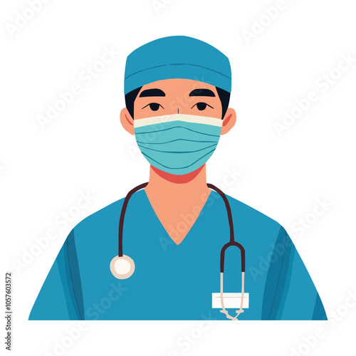 a doctor wearing a surgical face mask and blue scrubs