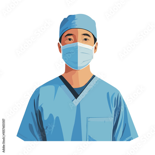 a doctor wearing a surgical face mask and blue scrubs