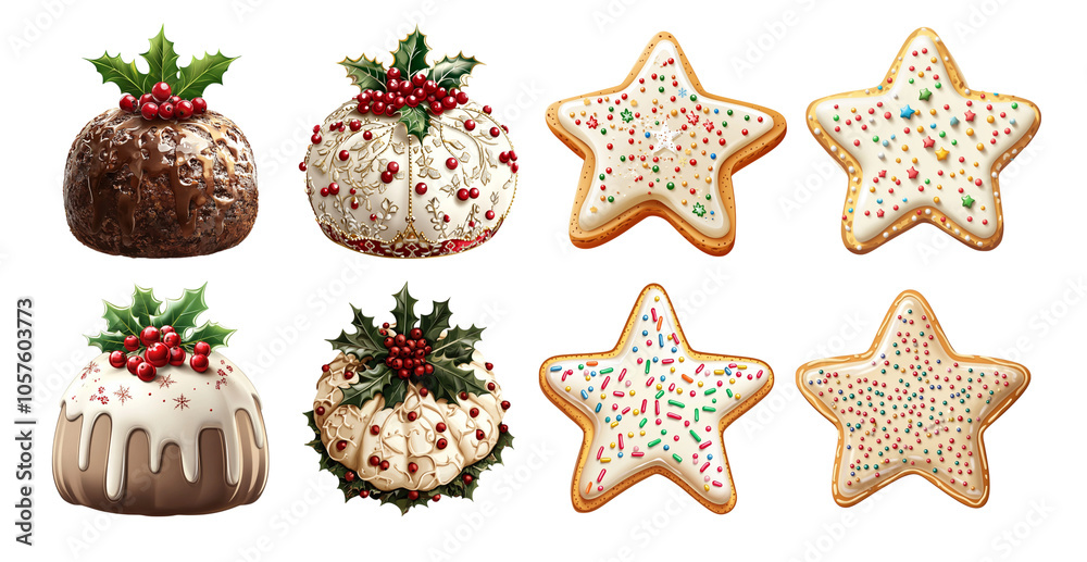 A collection of festive holiday desserts including star-shaped cookies and traditional pudding desserts decorated with berries and sprinkles. A collection of festive holiday desserts including star-shaped cookies and traditional pudding desserts decorated with berries and sprinkles.