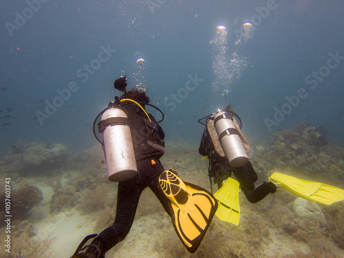 A group of divers blowing air bubbles swim past beautiful corals underwater. Picture from Puerto Galera, Philippines photo