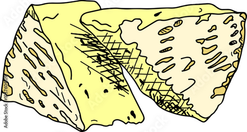 A colorful, minimalist sketch of two triangular wedges of Camembert cheese on a white background, capturing a gourmet and artisanal feel.