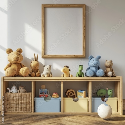 A wooden toy chest with a white frame and a white wall behind it. There are many stuffed animals on the chest, including a teddy bear, a giraffe, a rabbit, and a dragon photo