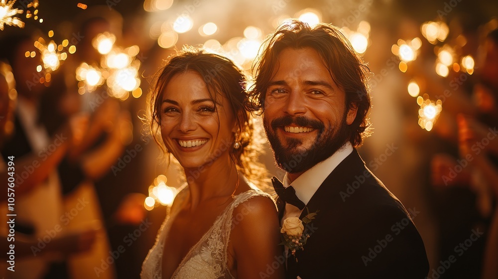 A happy bride and groom pose for a photo with sparklers in the background.