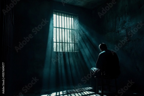A solitary figure sits in a dimly lit prison cell, sunlight streaming through barred windows, highlighting themes of isolation and confinement.