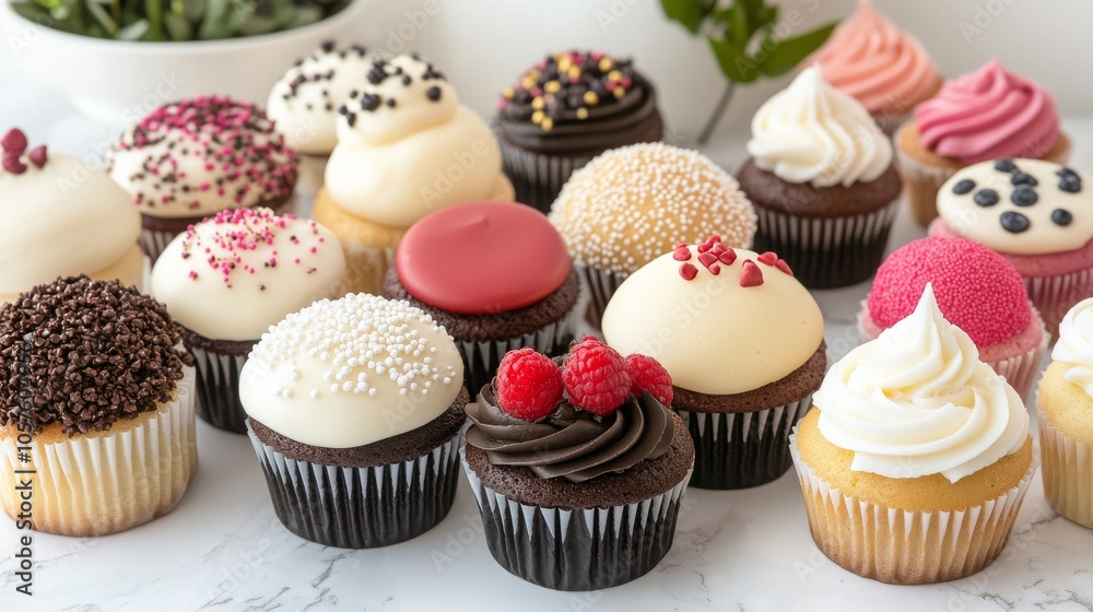 Delicious display of assorted gourmet cupcakes with creamy frosting and colorful toppings Delicious display of assorted gourmet cupcakes with creamy frosting and colorful toppings