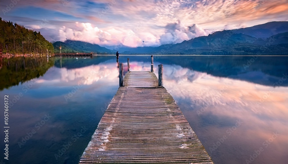 Fototapeta premium Un pequeño embarcadero de madera, en medio de un lago de aguas tranquilas 