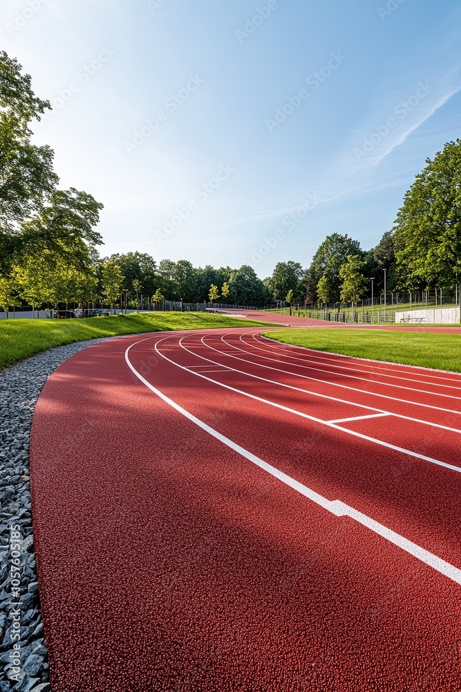 Obraz premium Empty red running track with white lines on the ground, outdoor sports complex.