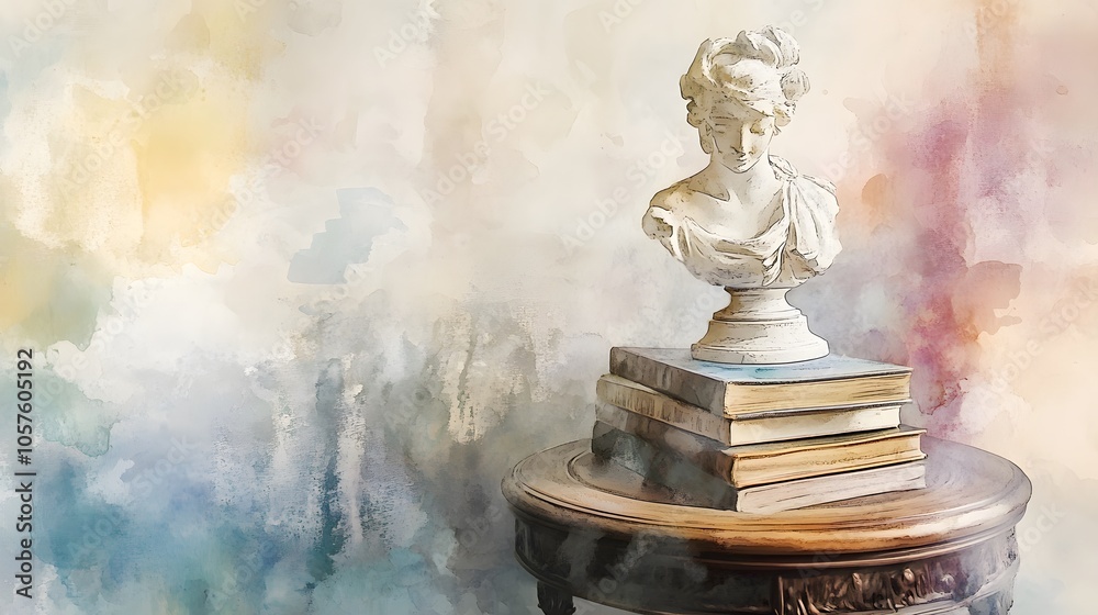 Fototapeta premium Watercolor Artistic using soft, brushy watercolor strokes, Soft Color, Single object picture - a decorative sculpture on a side table