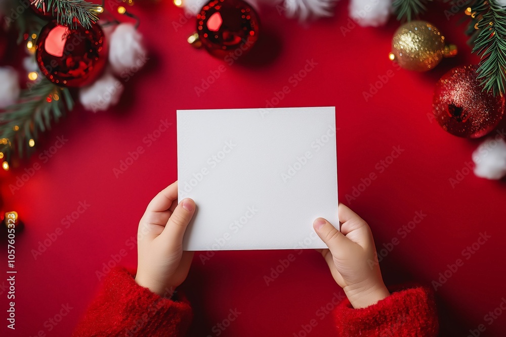 A top view of a child's hands holding a blank white card against a festive red background, surrounded by Christmas decorations like baubles, pine branches, and warm holiday lights A top view of a child's hands holding a blank white card against a festive red background, surrounded by Christmas decorations like baubles, pine branches, and warm holiday lights