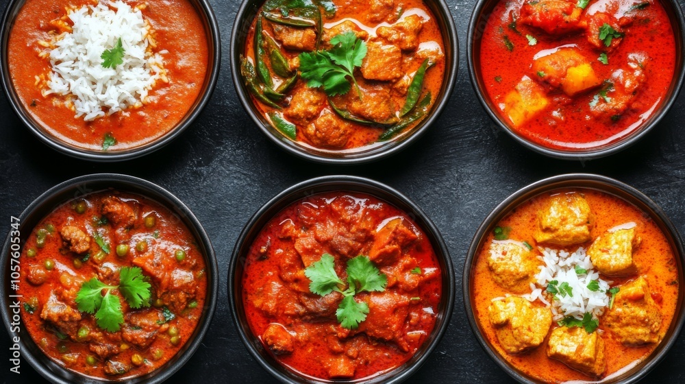 Colorful Variety of Indian Curries and Rice Dishes