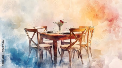 Watercolor Artistic using soft, brushy watercolor strokes, Soft Color, Single object picture - a compact dining table set with simple chairs