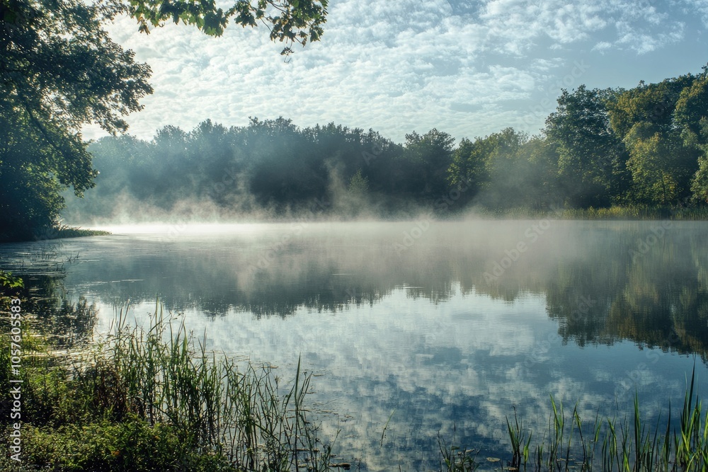 Misty Morning on a Tranquil Lake Surrounded by Trees Misty Morning on a Tranquil Lake Surrounded by Trees