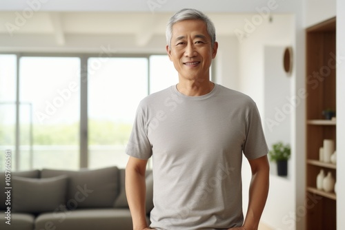 Portrait of a blissful asian man in his 60s showing off a lightweight base layer on crisp minimalistic living room photo