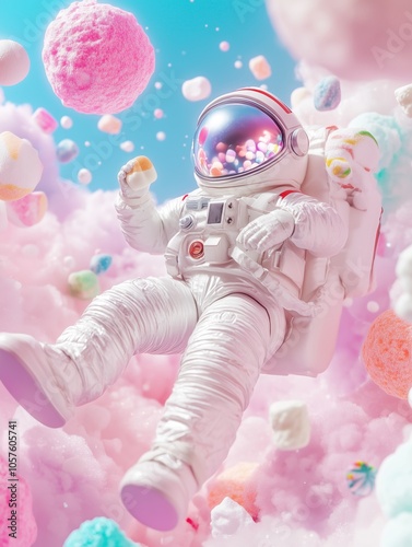 Astronaut floats in a dreamy candy colored sky, surrounded by fluffy clouds of cotton candy, marshmallows, and colorful sweets, enjoying a delightful marshmallow treat
