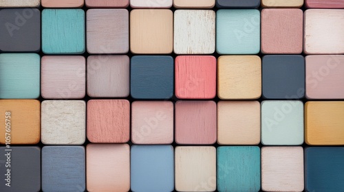 Colorful arrangement of square blocks displayed on a wall in an artistic design during daylight photo