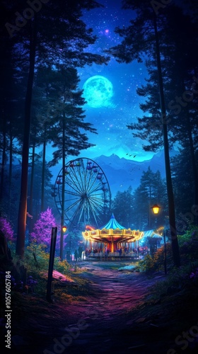 Abandoned amusement park at night with a ferris wheel, carousel, and pathway leading through a forest, illuminated by a full moon and street lamps, creating a magical and surreal atmosphere