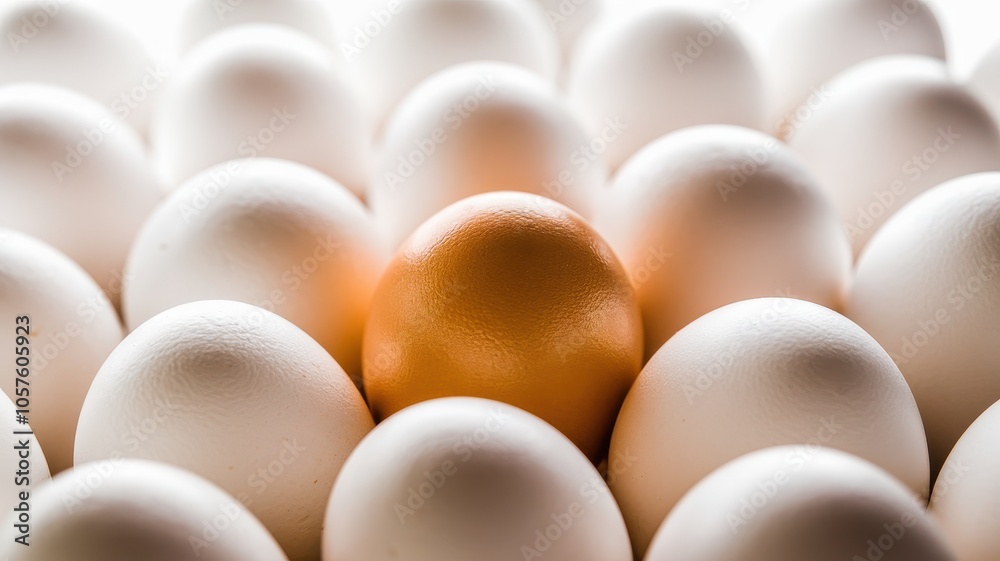 Collection of White Eggs with a Single Orange Egg Standing Out Collection of White Eggs with a Single Orange Egg Standing Out