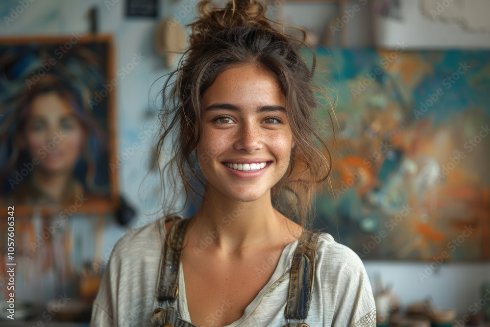 A joyful young artist stands and poses in her studio, surrounded by various portraits displayed on the walls, highlighting her vibrant and creative workspace with an inspiring atmosphere. A joyful young artist stands and poses in her studio, surrounded by various portraits displayed on the walls, highlighting her vibrant and creative workspace with an inspiring atmosphere.