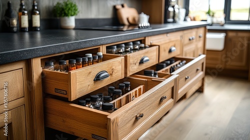 Kitchen drawers filled with various bottles and containers.