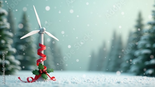Wind turbine with Christmas decorations in a snowy winter background, promoting green energy and holiday warmth. Green energy, renewable energy and environment concept to christmas greeting.