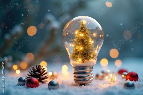 Light bulb featuring a miniature Christmas tree with a star, set on wood with pinecones and gold decorations, all in a snowy winter scene. Green energy, renewable energy and environment concept.