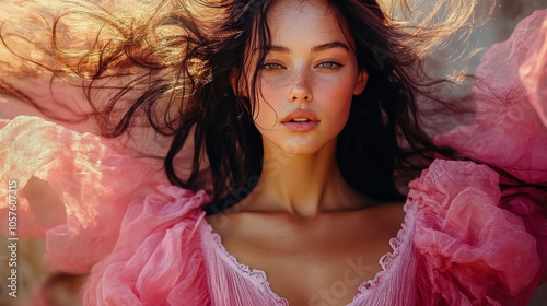 A woman in a pink dress enjoys a serene moment in a golden field during sunset