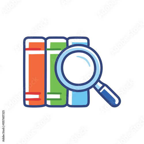Research books magnifier. Discover knowledge, explore learning, insightful research.  Find answers.