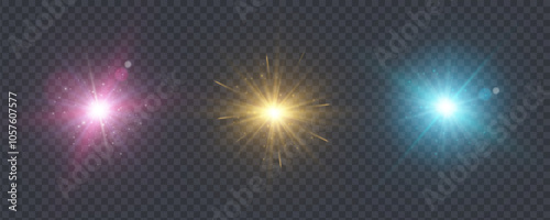 Set of bright colorful light effects of light laser. Futuristic glow effect for game interface design.