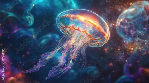 jellyfish reveals its delicate structure, showcasing a vibrant array of colors that blend seamlessly.