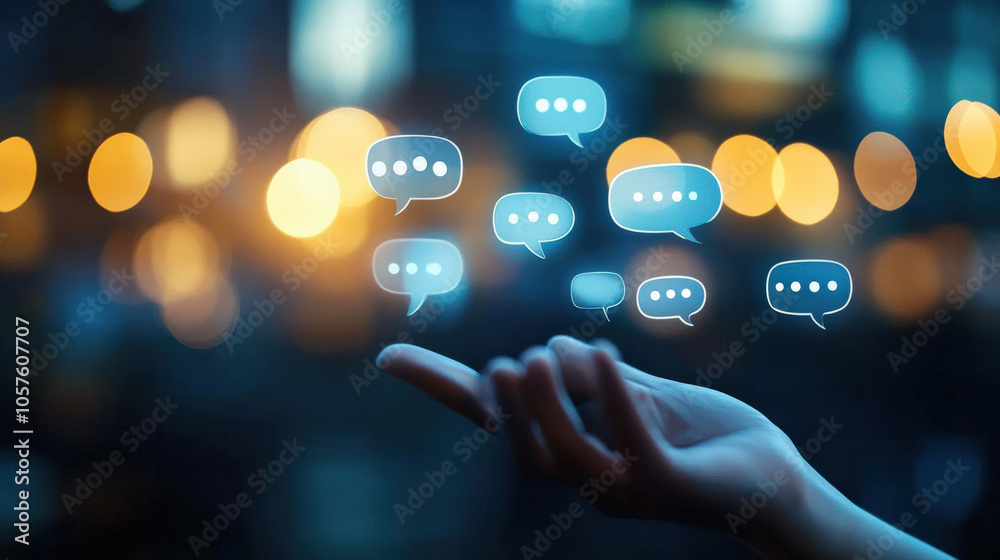 A hand reaching out with floating chat bubbles symbolizes digital communication and engagement in a modern, tech-driven world. A hand reaching out with floating chat bubbles symbolizes digital communication and engagement in a modern, tech-driven world.