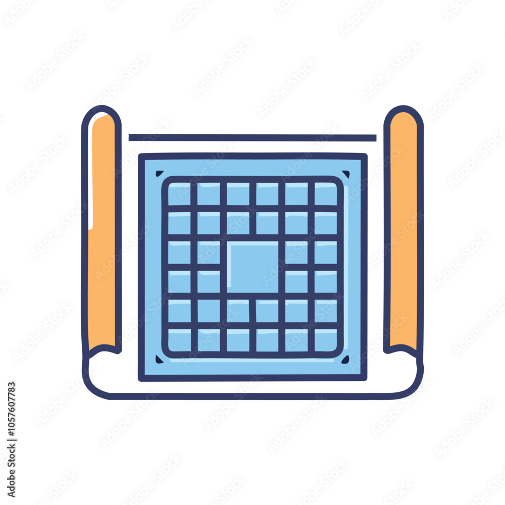 Microchip blueprint design. Detailed gridded microchip schematic; symbolizes innovation, technology progress Microchip blueprint design. Detailed gridded microchip schematic; symbolizes innovation, technology progress