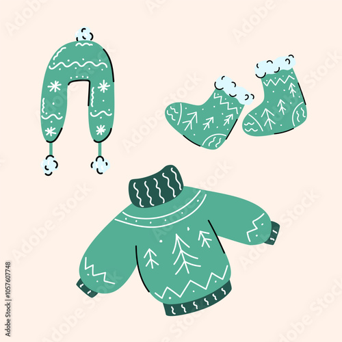 Winter set of warm fashionable clothing socks, sweater, hat with Christmas trees. Vector cozy