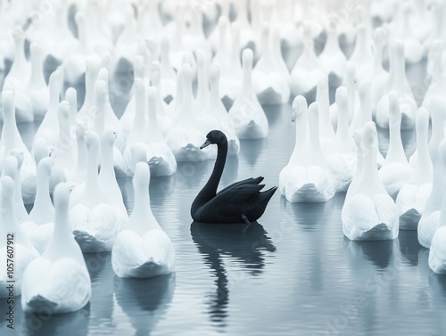 Fototapeta Naklejka Na Ścianę i Meble -  Lone black swan is swimming serenely amidst a large group of white swans on a tranquil lake, creating a striking visual contrast and symbolizing individuality and standing out from the crowd