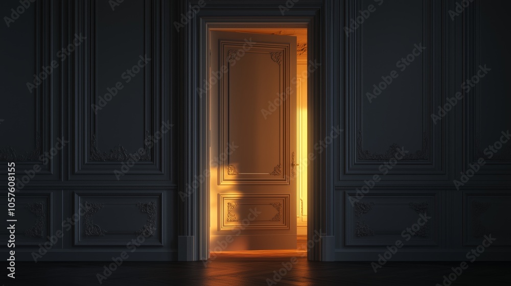 Sunbeam is illuminating a dark, luxurious room through a half open elegant door, creating a mysterious and magical atmosphere Sunbeam is illuminating a dark, luxurious room through a half open elegant door, creating a mysterious and magical atmosphere