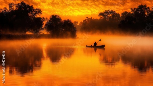 Serene sunrise kayak adventure on a misty lake with vibrant orange sky.