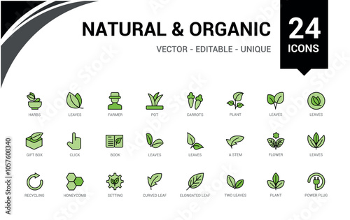 Organic colorful line icons set. Contains such icons as paraben, toxic, food, plant, ecology, mineral, allergen. Isolated icons design. Editable vector icon and illustration.