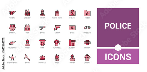 Police colorful thin line icon set. Featuring nailing, set, justice, line, authority, courthouse and more. Thin linear style icons. Editable vector stroke.