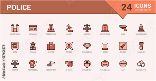 Police colorful thin line icon set. Featuring nailing, set, justice, line, authority, courthouse and more. Thin linear style icons. Editable vector stroke.