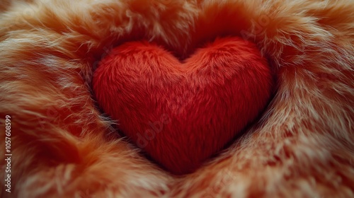 Soft red heart nestled in fluffy orange fur background for cozy Valentines Da...