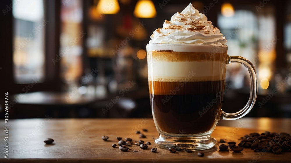 A captivating double exposure showcases Irish coffee in a clear glass mug, highlighting the whipped cream and coffee swirls, evoking a warm, inviting ambiance. A captivating double exposure showcases Irish coffee in a clear glass mug, highlighting the whipped cream and coffee swirls, evoking a warm, inviting ambiance.