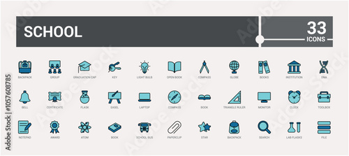School colorful thin line icon set. Featuring button, graphic, language, globe, bus, design, education, physics. Outline icons pack. Editable vector stroke.