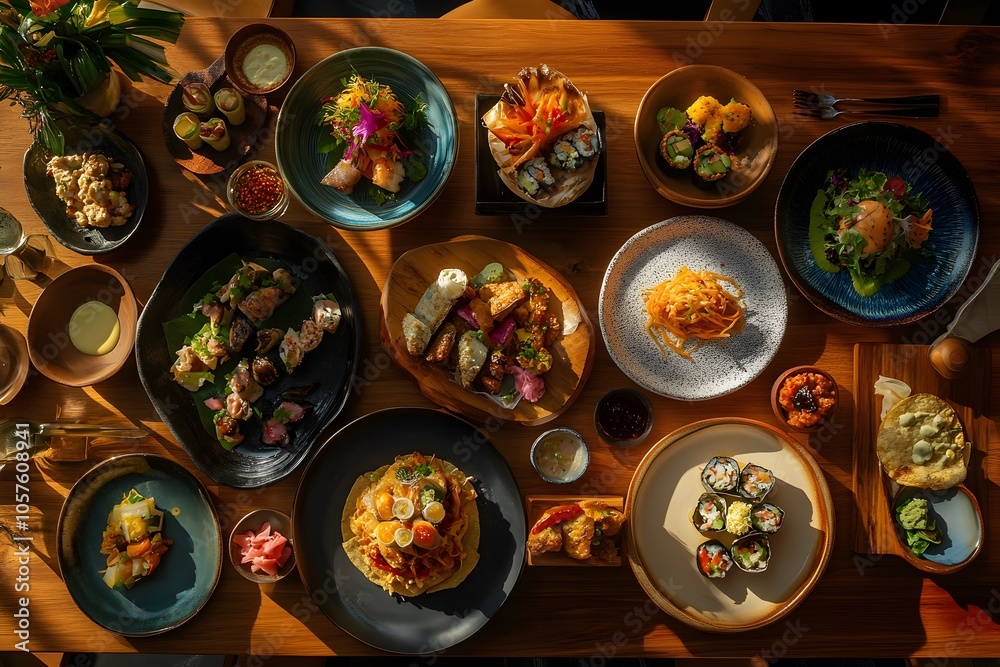 Japanese cuisine, sashimi, sushi and a sushi with soy sauce, wasabi and chopsticks around, sushi rolls and seafood on the table Japanese cuisine, sashimi, sushi and a sushi with soy sauce, wasabi and chopsticks around, sushi rolls and seafood on the table