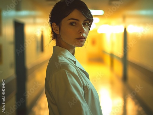 A focused woman in a white lab coat stands in a hospital corridor, illuminated by warm, soft lighting, conveying a sense of dedication and care. photo