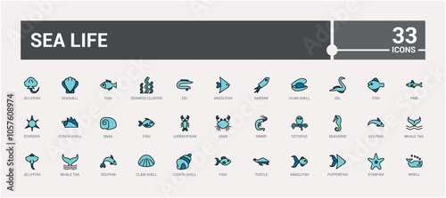 Sea Life colorful line icon collections. Contains such icons as fishing, swim, crab, jelly fish, finger coral and more. Minimalist thin linear icon. Editable vector icon and illustration.