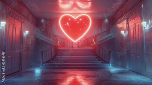 A magnificent stairway illuminated by a glowing heart shape at twilight